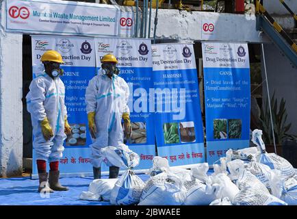 Mumbai, Inde. 08th juin 2022. Les travailleurs portant des équipements de protection individuelle (EPI) sont vus à proximité de stupéfiants conservés dans des sacs armés pour destruction à Mumbai Waste Management Limited à Mumbai Navi. Selon un communiqué de presse, le département des douanes a organisé une « Journée de destruction massive » dans 14 sites en Inde où il a détruit 42 tonnes de médicaments et de substances psychotropes dans le cadre de la semaine emblématique du ministère des Finances « Azadi ka Amrit MahotsSAV ». (Photo par Ashish Vaishnav/SOPA Images/Sipa USA) crédit: SIPA USA/Alay Live News Banque D'Images