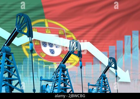 Portugal concept de l'industrie pétrolière, illustration industrielle - baisse de la carte sur fond de drapeau portugais. 3D Illustration Banque D'Images
