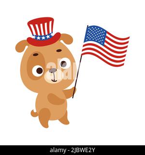 Joli petit chien portant le drapeau des États-Unis dans un chapeau patriotique. Personnage animal de dessin animé pour enfants, t-shirt, décoration, douche de bébé, carte de voeux, hou Illustration de Vecteur