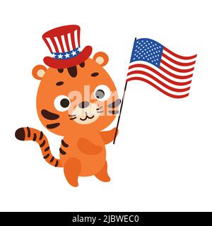 Joli petit tigre portant le drapeau des États-Unis en chapeau patriotique. T-shirt animal dessin animé pour enfants, décoration, douche de bébé, carte de voeux, h Illustration de Vecteur