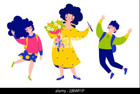 Personnages de dessin animé, rentrée, journée du savoir, illustration vectorielle style de dessin animé plat. Illustration de Vecteur