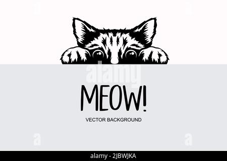 Vector Monochrome main Drawm Black, White Hiding Peeking Kitten. Tête de chaton avec griffes en haut Peeking sur blanc blanc Placerard, affiche, carte, bannière. Animaux de compagnie Illustration de Vecteur