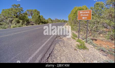 Panneau indiquant aux visiteurs Moran point sur le plateau sud du Grand Canyon en Arizona. Banque D'Images