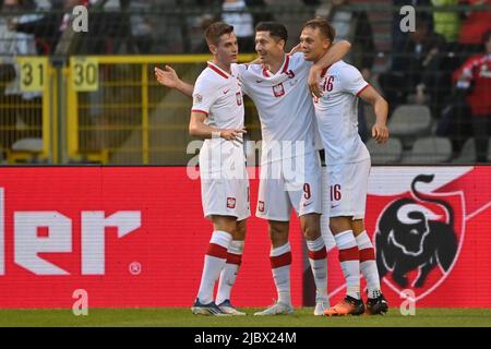 Robert Lewandowski, de Pologne, célèbre après avoir obtenu son score lors d'un match de football entre l'équipe nationale belge les Red Devils et la Pologne, le mercredi 08 juin 2022 à Bruxelles, le deuxième match (sur six) de la Ligue des Nations A. BELGA PHOTO DIRK WAEM Banque D'Images