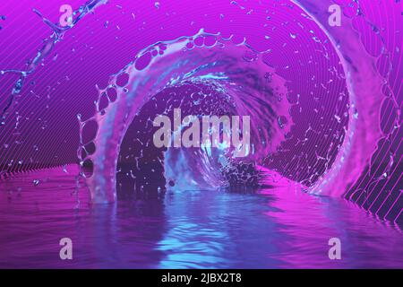 spirale d'eau dans une lumière néon mauve. 3d rendu Banque D'Images