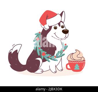 Chien Husky en costume de Noël avec cappuccino. Illustration vectorielle de style plat sur fond blanc. Un chiot mignon avec une couronne et un chapeau de Père Noël. Illustration de Vecteur