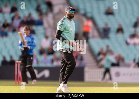 LONDRES, ROYAUME-UNI. 08th juin 2022. K. Pollard de Surrey pendant le Blast Vitality - Surry contre les requins Sussex au terrain de cricket ovale de Kia, mercredi, à 08 juin 2022, à LONDRES, EN ANGLETERRE. Credit: Taka G Wu/Alay Live News Banque D'Images