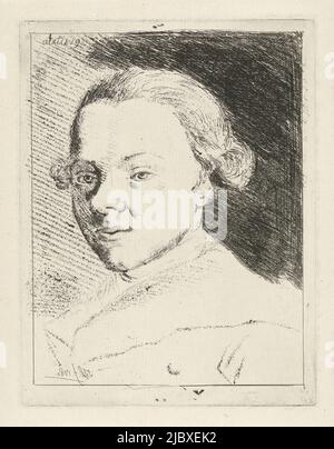 Buste à la gauche du peintre Jabes Heenck. Dans le coin supérieur gauche de l'écriture miroir: Aetatits 19., Self-Portrait de Jabes Heenck, imprimeur: Jabes Heenck, (mentionné sur l'objet), pays-Bas du Nord, 1780, papier, gravure, l 177 mm × h 135 mm Banque D'Images