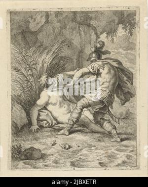 Peleus, en harnais, attrape la nymphe Thetis d'eau avec un tissu autour de son cou. Thetis se trouve sur le front de mer, contre le roseau. Deuxième impression d'une série de quatorze avec des scènes de la vie d'Achille, Peleus capture des scènes de Thetis de la vie d'Achille (titre de la série) Vitam et mortem achili., imprimeur: J. Alexander Janssens, Victor Honoré Janssens, Zuid-Nederland, c. 1700, papier, gravure, gravure, h 161 mm × l 133 mm Banque D'Images