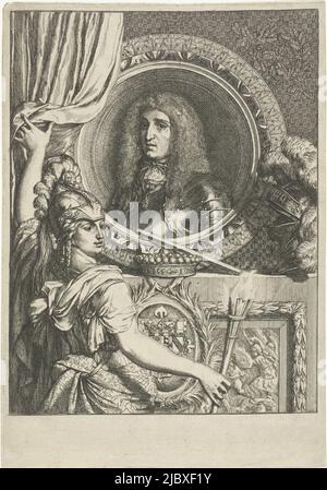 Portrait buste à gauche de Juan Domingo de Zunyga y Fonseca, comte de Monterie et gouverneur des pays-Bas du Sud. Le compte est barré et enveloppé dans une armure. Le portrait est placé dans un cadre circulaire et est révélé par une figure féminine allégorique avec une torche brûlante. La plaque de pierre sur laquelle repose le portrait est décorée d'un manteau de bras et d'un relief. À côté du portrait se trouve un casque plumé, juste en dessous il y a un sceptre. Cet imprimé est l'équivalent du portrait du prince William III, portrait de Juan Domingo de Zunyga y Fonseca, comte de Monterey., imprimeur: Gerard de Banque D'Images