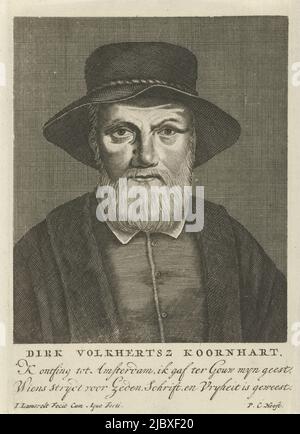 Buste de portrait avant de l'humaniste et artiste Dirck Volckertsz. Coornhert, avec chapeau. Au-dessous du portrait se trouve le nom de la personne représentée, suivi d'un texte de deux lignes en néerlandais, Portrait de Dirck Volckertsz. Coornhert Dirk Volkhertsz Koornhart, imprimeur: Jan Lamsvelt, (mentionné sur l'objet), Pieter Corneliszoon Hooft, (mentionné sur l'objet), Amsterdam, 1696 - 1743, papier, gravure, h 175 mm × l 127 mm Banque D'Images