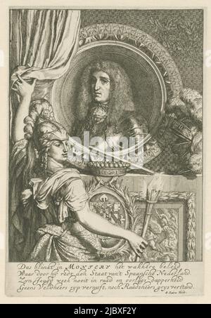 Portrait buste à gauche de Juan Domingo de Zunyga y Fonseca, comte de Monterie et gouverneur des pays-Bas du Sud. Le compte est barré et enveloppé dans une armure. Le portrait est placé dans un cadre circulaire et est révélé par une figure féminine allégorique avec une torche brûlante. La plaque de pierre sur laquelle repose le portrait est décorée d'un manteau de bras et d'un relief. À côté du portrait se trouve un casque plumé, juste en dessous il y a un sceptre. Dans la marge est un poème de quatre lignes de louange en néerlandais. Cet imprimé est l'équivalent du portrait du Prince William III, Portrait de Juan Domingo de Zunyga y Banque D'Images