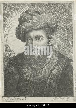 Portrait d'un homme barbu inconnu avec un chapeau sur sa tête, Portrait d'un homme inconnu, imprimerie: Pieter Louw, (mentionné sur l'objet), après: Rembrandt van Rijn, (mentionné sur l'objet), 1735 - 1800, papier, gravure, h 139 mm × l 103 mm Banque D'Images