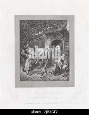 Un homme avec un violon et un garçon avec un hurdy-gurdy font de la musique dans une auberge. Les adultes et les enfants écoutent. Une femme se penche sur la porte inférieure., Fiddler devant une auberge le Fiddler voyageur devant une maison de campagne d'un fermier (titre sur objet), imprimeur: Abraham Lion Zeelander, (mentionné sur objet), après: Adriaen van Ostade, (mentionné sur objet), imprimeur: J.F. Brugman, (mentionné sur l'objet), Amsterdam, 1848, papier, gravure, gravure, h 208 mm × l 170 mm Banque D'Images