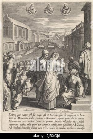 Paysage urbain avec un groupe de personnages au premier plan, regardant le ciel. Là, ils voient trois cents avec les bustes des Dominicains: Saint Thomas d'Aquin, Saint Ambrose et Saint James le plus grand. Dans la marge, une légende de cinq lignes en latin. Troisième impression d'une série de trente gravures représentant l'histoire de la vie de Saint Thomas d'Aquin, apparition de trois Dominicains la vie de Saint Thomas d'Aquin (titre de la série), imprimeur: Egbert van Panderen, (mentionné sur l'objet), Otto van Veen, éditeur: Otto van Veen, Anvers, 1610, papier, gravure, h 210 mm × l 146 mm Banque D'Images