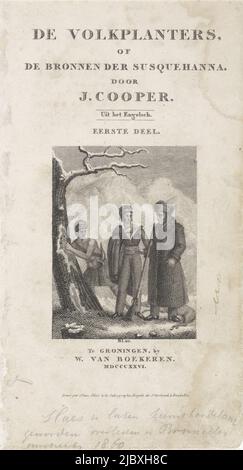 Un jeune homme montre un trou de balle dans son épaule à un homme tenant un fusil. Un deuxième homme, habillé de mode indienne et portant une corne de poudre sur une ceinture au-dessus de son épaule, montre quatre trous de balle dans le tronc d'un arbre enneigé. Sur le sol se trouve un cerf. Au-dessus et en dessous de l'image le titre, l'empreinte et l'adresse du graveur, tourner sur un cerf de tir page titre pour: J. Cooper, les planteurs du peuple, 1826, imprimerie: Slaes, (mentionné sur l'objet), Editeur: W. van Boekeren, Imprimeur: Bruxelles, Editeur: Groningen, avant 1826, papier, gravure, h 216 mm × l 117 mm Banque D'Images