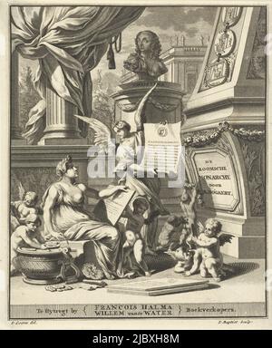 Une femme écrit sur une table un texte sur l'empereur romain Caligula. Autour d'elle, putti jouer. En arrière-plan se trouve une statue avec un buste de portrait de Christina de Suède, page de titre pour A. Bogaert, de roomsche monarchie, vertoont in de muntbeelden der westersche en oostersche keizeren, Utrecht 1697, imprimerie: Jacobus Baptist, (mentionné sur l'objet), dessinateur intermédiaire: Jan Goeree, (mentionné sur l'objet), éditeur: François Halma, (mentionné sur l'objet), Utrecht, 1697, papier, gravure, gravure, h 202 mm × l 166 mm Banque D'Images