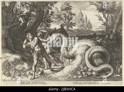 Les hommes de Cadmus sont tués par le dragon qui garde la source d'eau, compagnons de Cadmus dévorés par un dragon métamorphisme d'Ovid (titre de la série), imprimeur: Robert de Baudouous, (mentionné sur l'objet), Hendrick Goltzius, (mentionné sur l'objet), G. Rijckius, (Mentionné sur l'objet), imprimerie: Pays-Bas du Nord, éditeur: Amsterdam, 1591 - 1659, papier, gravure, h 178 mm × l 255 mm Banque D'Images