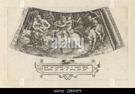 Décoration pour bordure de plat. Jacob et sa famille à cheval ânes, de retour à Canaan. Avec le texte en latin dans la cartouche ci-dessous image., le retour de Jacob à Canaan l'histoire de Jacob (titre de la série), imprimeur: Cornelis Cort, Frans Floris (I), éditeur: Julius Goltzius, (mentionné sur l'objet), imprimeur: Unknown, Editeur: Anvers, après 1563 - avant c. 1601, papier, gravure, h 132 mm × l 224 mm Banque D'Images