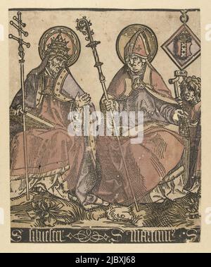 Moitié gauche d'une impression. À partir d'une série de trois tirages imprimés à partir de six blocs. Saint Sylvester et Saint Martin, tous deux assis côte à côte dans un grand ornement, Sylvester à gauche, Martin à droite. Le premier a un tiara sur sa tête et tient un livre sur ses genoux, l'autre avec un onglet sur sa tête semble donner des almes à un mendiant qui se tient derrière lui avec un tabouret dans sa main. Au-dessus du mendiant est accroché une assiette avec les armoiries d'Amsterdam. Sous la photo S. silvester, S. martinus S., les saints Silvester et Martin avec Anna en trois (titre de la série), l'imprimeur: Jacob Banque D'Images