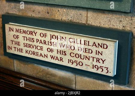 À la mémoire de John Gilleland 1950-1953 Korea, St Oswald's Church, Golborne Rd, Winwick, Warrington, Cheshire, Angleterre, WA2 8SZ Banque D'Images