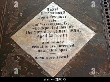 Mémorial John Fitchett 1838, église St Oswald, chemin Golborne, Winwick, Warrington, Cheshire, Angleterre, WA2 8SZ Banque D'Images