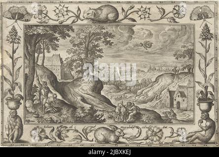 Paysage vallonné avec Abraham en premier plan gauche voulant sacrifier son fils Isaac. Un ange dans le ciel apparaît et empêche le sacrifice. L'imprimé a un cadre ornemental avec des fleurs et des animaux. Il fait partie d'une série de vingt-quatre parties de paysages avec des scènes bibliques, mythologiques et de chasse., Abraham sacrifie Isaac paysages avec des scènes bibliques, mythologiques et de chasse (titre de la série), imprimeur: Adriaen Collaert, (mentionné sur l'objet), Hans bol, (mentionné sur l'objet), éditeur: Eduwart van Hoeswinckel, (mentionné sur l'objet), Anvers, 1582 - 1586, papier Banque D'Images