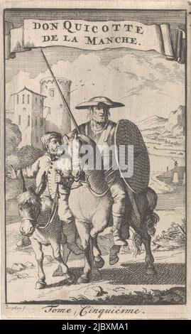 Don Quichotte à cheval, à côté de lui Sancho sur un âne titre pour: M. de Cervantes y Saavedra, Histoire de l'admirable Don Quichotte de la Manche, 1696, vol. V, imprimerie: Caspar Luyken, (mentionné sur objet), éditeur: Pieter Mortier (I), Amsterdam, 1696, papier, gravure, h 119 mm × l 72 mm Banque D'Images