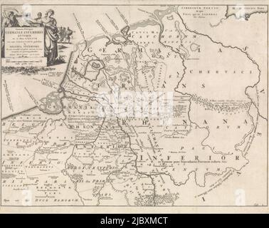 Carte marquée en bas à droite : onglet. I., carte historique des pays-Bas à l'époque des Frisons, Franks et Saxons i Summaria Descriptio Germaniae Inferioris Antiquae , imprimerie: Jan Luyken, éditeur: Henricus Wetstein, Amsterdam, 1697, papier, gravure, h 340 mm × l 422 mm Banque D'Images