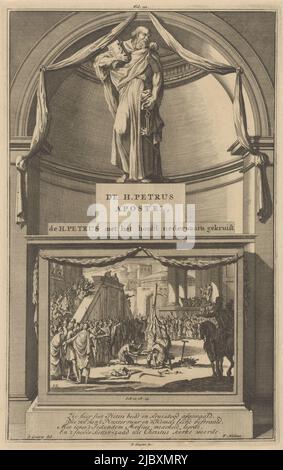 L'apôtre Pierre tient un livre et des clés. Pierre se tient sur un piédestal où son martyre est représenté sur le devant. Imprimer la partie centrale supérieure marquée : fol. 111., l'apôtre Pierre l'apôtre Saint-Pierre. Saint-Pierre avec la tête vers le bas croisé , imprimerie: Jan Luyken, (mentionné sur l'objet), imprimerie: Zacharias Chatelain (II), (mentionné sur l'objet), dessinateur intermédiaire: Jan Goeree, (mentionné sur l'objet), Amsterdam, 1698, papier, gravure, gravure, h 286 mm × l 180 mm Banque D'Images