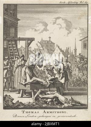 Imprimer en haut à droite : Sesde Afdeeling FOL. 83., Thomas Armstrong à Londres pendu et en quartiers, 1684 Thomas Armstrong, à Londres, pendu et en quartiers, imprimerie: Jan Luyken, (mentionné sur l'objet), éditeur: Jan Claesz ten Hoorn, Amsterdam, 1698, papier, gravure, h 193 mm × l 148 mm Banque D'Images