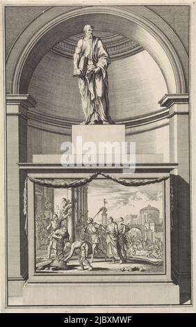 L'apôtre Philippe avec un livre entre ses mains. Philip se trouve sur un piédestal où sa torture est représentée sur le devant, l'apôtre Philip, imprimeur: Jan Luyken, imprimeur: Zacharias Chatelain (II), dessinateur intermédiaire: Jan Goeree, Amsterdam, 1698, papier, gravure, gravure, h 280 mm × l 176 mm Banque D'Images