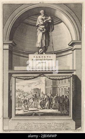 L'Apôtre Jacques le plus grand, se soutenant sur un personnel de marche et dans sa main un rouleau de papier. James est debout sur un piédestal où son décapitation est représentée sur le devant. Imprimer marqué top centre: FOL: 279., l'apôtre James le Grand James a nommé le Grand, l'apôtre. Représenté par Hérod , imprimeur: Jan Luyken, (mentionné sur l'objet), imprimeur: Zacharias Chatelain (II), (mentionné sur l'objet), dessinateur intermédiaire: Jan Goeree, (mentionné sur l'objet), Amsterdam, 1698, papier, gravure, gravure, h 280 mm × l 177 mm Banque D'Images