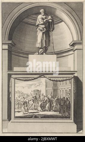 L'Apôtre Jacques le plus grand, penchée sur un personnel de marche et tenant un rouleau de papier. James est debout sur un piédestal où son décapant est représenté sur le devant, Apôtre James le Grand, imprimeur: Jan Luyken, imprimeur: Zacharias Chatelain (II), dessinateur intermédiaire: Jan Goeree, Amsterdam, 1698, papier, gravure, gravure, h 282 mm × l 177 mm Banque D'Images