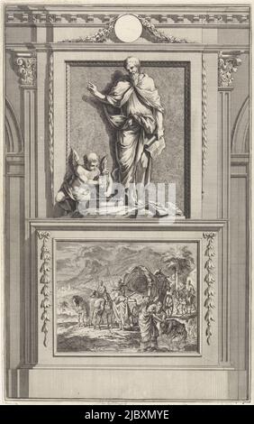 L'apôtre Philippe fait un geste de bénédiction au-dessus d'un ange baptisé. Philip se trouve sur un piédestal où le front représente le baptême du chamberlain., Apôtre Philippe, imprimeur: Jan Luyken, imprimeur: Zacharias Chatelain (II), dessinateur intermédiaire: Jan Goeree, Amsterdam, 1698, papier, gravure, gravure, h 275 mm × l 173 mm Banque D'Images