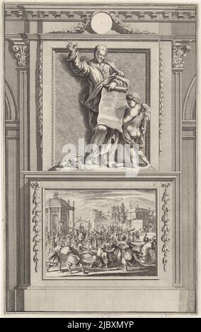 L'apôtre Timothée tient une feuille de texte déployée étudiée par un ange. Timothy se tient sur un piédestal où l'inverse dépeint comment il a été attrapé à la mort à Ephèse.', Apôtre Timothy, imprimeur: Jan Luyken, imprimeur: Zacharias Chatelain (II), dessinateur intermédiaire: Jan Goeree, Amsterdam, 1698, papier, gravure, gravure, h 275 mm × l 173 mm Banque D'Images