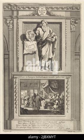 Saint Titus tient un portrait du roi de Crète qui repose sur une carte de cette île. Titus se tient sur un piédestal où son lit de mort est représenté sur le devant. Imprimer en haut au centre : II Partie FOL: 91., Saint Titus l'évêque Saint Titus de Crète. Mort dans la vieillesse, dans la paix , dessinateur: Jan Luyken, (mentionné sur l'objet), dessinateur: Zacharias Chatelain (II), (mentionné sur l'objet), dessinateur intermédiaire: Jan Goeree, (mentionné sur l'objet), Amsterdam, 1698, papier, gravure, gravure, h 275 mm × l 171 mm Banque D'Images