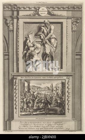 L'apôtre Barnabas pointant vers un ange qui lui donne un livre. Barnabas est debout sur un piédestal. Sur l'inverse, la scène dans laquelle les apôtres Paul et Barnabas sont adorés comme dieux par les gens de Lystra. Imprimer marqué haut centre: II partie: Pag: 70., Apôtre Barnabas l'apôtre Saint Barnabas, avec Paul, chez Lystren pour Gods aangesien , imprimeur: Jan Luyken, (mentionné sur l'objet), imprimeur: Zacharias Chatelain (II), (mentionné sur l'objet), dessinateur: Jan Luyken, (mentionné sur l'objet, 1698, Amsterdam, intermédiaire, sur l'objet, gravure, gravure, h 276 mm × l 171 mm Banque D'Images