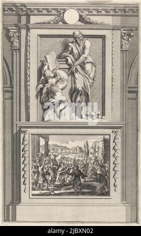 L'apôtre Barnabas pointant vers un ange qui lui donne un livre. Barnabas est debout sur un piédestal. Sur la scène dans laquelle les apôtres Paul et Barnabas sont adorés comme des dieux par les gens de Lystra., Apôtre Barnabas, imprimeur: Jan Luyken, imprimeur: Zacharias Chatelain (II), dessinateur intermédiaire: Jan Goeree, Amsterdam, 1698, papier, gravure, gravure gravure, h 274 mm × l 171 mm Banque D'Images