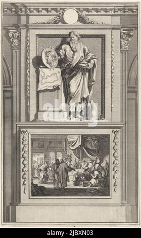 Saint-Titus tient un portrait du roi de Crète soutenu par une carte de cette île. Titus se trouve sur un piédestal où son lit de mort est représenté sur le devant, St. Titus, imprimeur: Jan Luyken, imprimeur: Zacharias Chatelain (II), dessinateur intermédiaire: Jan Goeree, Amsterdam, 1698, papier, gravure, gravure, h 275 mm × l 171 mm Banque D'Images