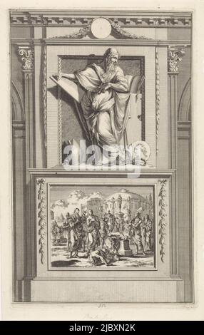 Saint Babylas d'Antioche étudie un livre, tient un stylo et un comprimé d'écriture à portée de main. Babylas est sur un piédestal où son décapant est représenté sur le devant, St. Babylas d'Antioche, imprimeur: Jan Luyken, imprimeur: Zacharias Chatelain (II), dessinateur intermédiaire: Jan Goeree, Amsterdam, 1698, papier, gravure, gravure, h 276 mm × l 172 mm Banque D'Images
