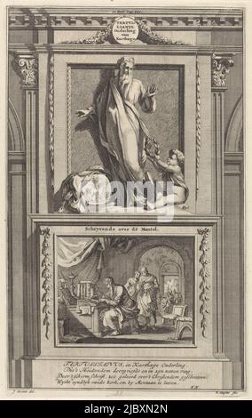 L'Église Père Tertullien de Carthage regarde un ange lui offrant une couronne de Laurier. Tertullien est debout sur un piédestal. Sur l'obverse, une scène de lui écrivant un de ses écrits. Imprimer en haut au centre : II Partie Pag: 240., Église Père Tertullien de Carthage Tertullien. Aîné de Carthage. Écrire sur le cloak , imprimerie: Jan Luyken, (mentionné sur l'objet), imprimerie: Zacharias Chatelain (II), (mentionné sur l'objet), dessinateur intermédiaire: Jan Goeree, (mentionné sur l'objet), Amsterdam, 1698, papier, gravure, gravure, h 275 mm × l 171 mm Banque D'Images