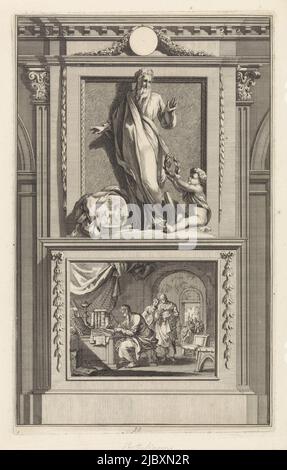 L'Église Père Tertullien de Carthage regarde un ange lui offrant une couronne de Laurier. Tertullien est debout sur un piédestal. Sur l'inverse, une scène de lui écrivant un de ses écrits., Eglise Père Tertullien de Carthage, imprimerie: Jan Luyken, imprimerie: Zacharias Chatelain (II), dessinateur intermédiaire: Jan Goeree, Amsterdam, 1698, papier, gravure, gravure, h 275 mm × l 171 mm Banque D'Images