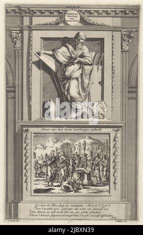 Saint Babylas d'Antioche étudie un livre, tient un stylo et un comprimé d'écriture à portée de main. Babylas se trouve sur un piédestal où son décapitation et celle de ses trois disciples sont représentées sur le devant. Imprimer avec la marque TOP centre: II: Part Pag. 285., H. Babyles d'Antioche Babyles Évêque d'Antioche. Il y a trois de ses disciples, décapité, dessinateur: Jan Luyken, (mentionné sur l'objet), dessinateur: Zacharias Chatelain (II), (mentionné sur l'objet), dessinateur intermédiaire: Jan Goeree, (mentionné sur l'objet), Amsterdam, 1698, papier, gravure, gravure, h 278 mm × l 173 mm Banque D'Images