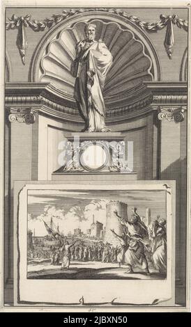 La sainte église père Epiphanius de Salamis, debout sur un piédestal. Sur l'inverse, une scène dans laquelle le corps du défunt Epiphanius est ramené à Constantinople., Saint Epiphanius de Salamis, Père de l'Église, Imprimeur: Jan Luyken, Imprimeur: Zacharias Chatelain (II), dessinateur intermédiaire: Jan Goeree, Amsterdam, 1698, papier, gravure, gravure, h 270 mm × l 166 mm Banque D'Images