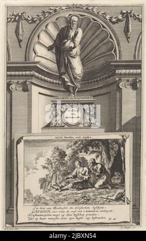 La sainte église père Gregory de Nazianze le plus jeune, debout sur un piédestal. Sur l'inverse de la scène dans laquelle il cherche son ami Basil de Caesarea dans l'ermitage. Imprimer en haut au centre: III Pièce. Saint Grégoire de Nazianzen le plus jeune, Eglise Père Grégoire de Nazianzen, Evêque de Constantinople visite Bazilius dans le désert , Imprimeur: Jan Luyken, (mentionné sur l'objet), Imprimeur: Zacharias Chatelain (II), (mentionné sur l'objet), dessinateur: Jan Goeree, (mentionné sur l'objet), Amsterdam, 1698, intermédiaire, gravure, gravure, h 268 mm × l 167 mm Banque D'Images