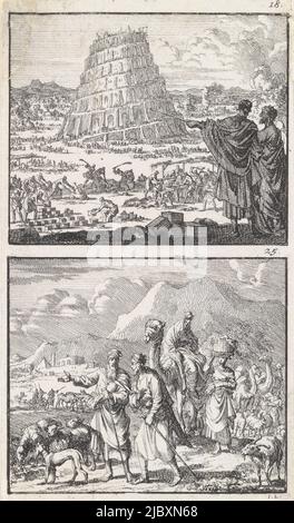 Deux représentations d'une plaque. Numéroté en haut à droite: 18 et 25., Construction de la Tour de Babel / Abraham et le lot quittent leur patrie, imprimerie: Jan Luyken, (mentionné sur l'objet), éditeur: Barent Visscher, éditeur: Andries van Damme, Amsterdam, 1698, papier, gravure, h 156 mm × l 91 mm Banque D'Images