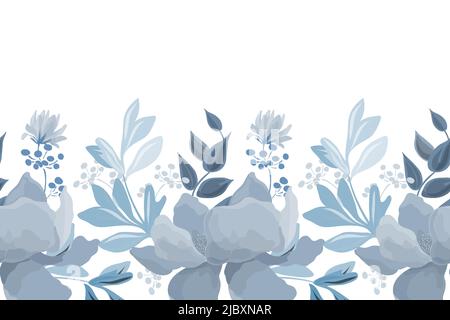 Motif fleuri vectoriel sans couture, bordure. Illustration panoramique horizontale avec fleurs bleues isolées sur fond blanc. Illustration de Vecteur