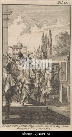 Henri II d'Orléans, duc de Longueville et Louis II de Bourbon, prince de Conde, sont arrêtés par des soldats sur ordre du cardinal Mazarin. Les deux nobles sont forcés dans une calèche, l'arrestation d'Henri II d'Orléans, duc de Longueville et Louis II de Bourbon, prince de Conde, 1650 prince de Condé, de Conti, et duc de Longueville capturé, imprimerie: Caspar Luyken, libraire: Boudewijn van der AA, Leiden, 1699, papier, gravure, h 141 mm × l 82 mm Banque D'Images