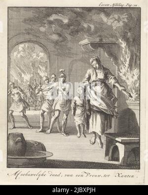 Au premier plan, une femme est suspendue par son cou à une corde dans une cuisine. Elle se suicide. Avec sa main gauche, elle met la maison au feu avec une torche. Avec sa main gauche, elle étrangle un enfant. En arrière-plan, des soldats romains entrent., suicide d'une femme dans Xanten abominable Act, d'une femme, à Xanten , imprimerie: Jan Luyken, (mentionné sur l'objet), libraire: Jan Claesz ten Hoorn, Amsterdam, 1699, papier, gravure, h 189 mm × l 154 mm Banque D'Images